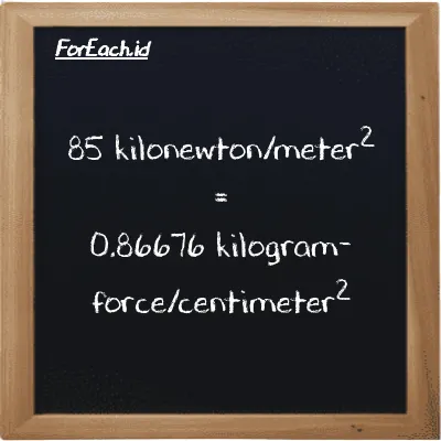 85 kilonewton/meter<sup>2</sup> is equivalent to 0.86676 kilogram-force/centimeter<sup>2</sup> (85 kN/m<sup>2</sup> is equivalent to 0.86676 kgf/cm<sup>2</sup>)
